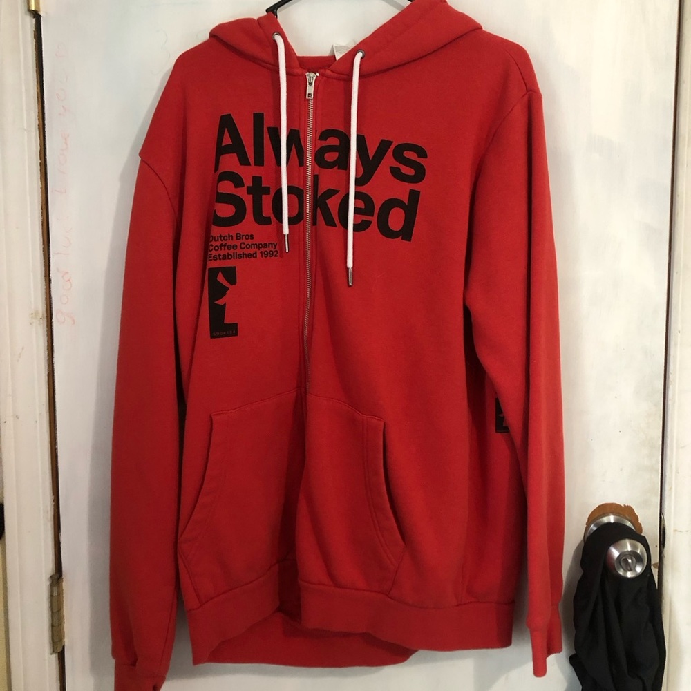 Dutch Bros Red always stoked zip up hoodie .